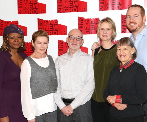 Playwright Joel Drake Johnson, flanked by costars Tonya Pinkins and Dianne Wiest, director Cynthia Nixon, and cast members Patricia Conolly and Darren Goldstein.  