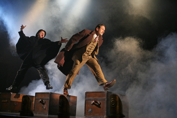 Cliff Saunders and Sam Robards in the 2008 Broadway production of The 39 Steps at the Cort Theatre.