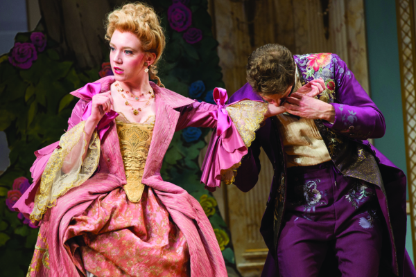 Amelia Pedlow as Lucille and Anthony Roach as Dorante in David Ives's The Metromaniacs, directed by Michael Kahn, at Washington, D.C.&#39;s Shakespeare Theatre Company.