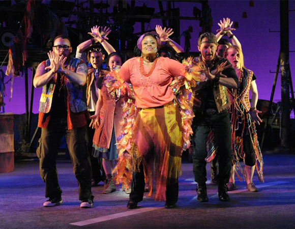 The cast of Godspell, directed by Jason King Jones, at Olney Theatre Center.