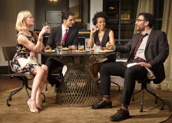 Gretchen Mol, Hari Dhillon, Karen Pittman, and Josh Radnor share a spirited dinner in Ayad Akhtar&#39;s Disgraced at the Lyceum Theatre.