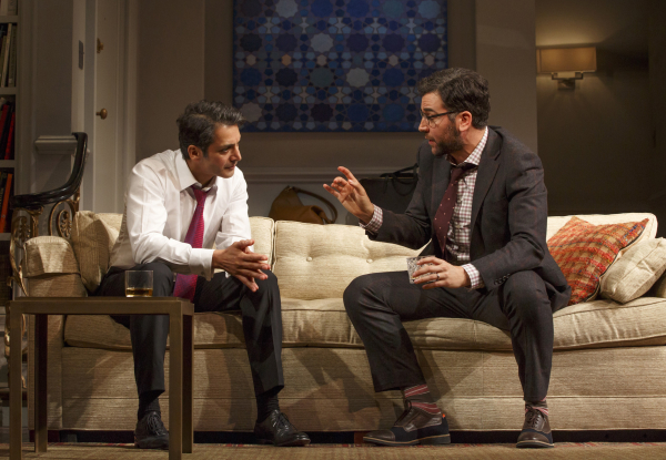 Hari Dhillon and Josh Radnor have a discussion in Disgraced on Broadway at the Lyceum Theatre.