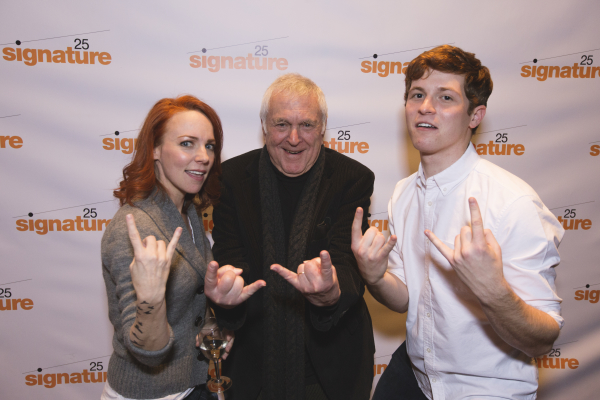 Composer John Kander, flanked by cast members Sarah Litzsinger and Jake Winn on opening night of Kid Victory.