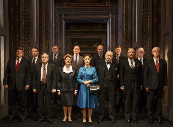 Dame Helen Mirren (center) as Queen Elizabeth and the cast of Peter Morgan&#39;s The Audience at the Gerald Schoenfeld Theatre.