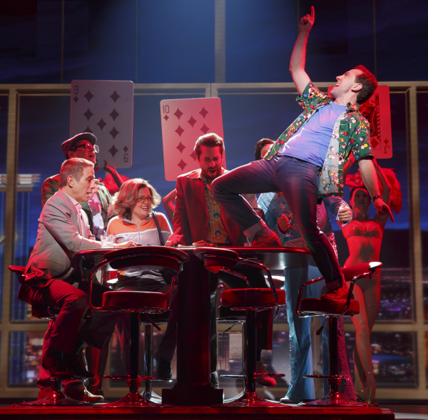 Tony Danza and Rob McClure play a game of poker in Broadway&#39;s Honeymoon in Vegas at the Nederlander Theatre.