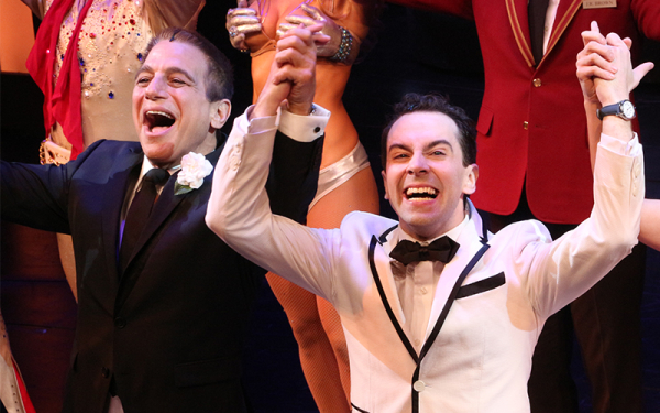 Tony Danza and Rob McClure take their bows on the opening night of Broadway&#39;s Honeymoon in Vegas at the Nederlander Theatre.