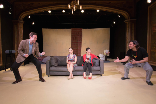 John Russell, Emily Dahlke, Megan O&#39;Leary, and Joseph W. Rodriguez in Peter Sinn Nachtrieb&#39;s Hunter Gatherers, directed by Eric Tucker, at Duo Theatre.