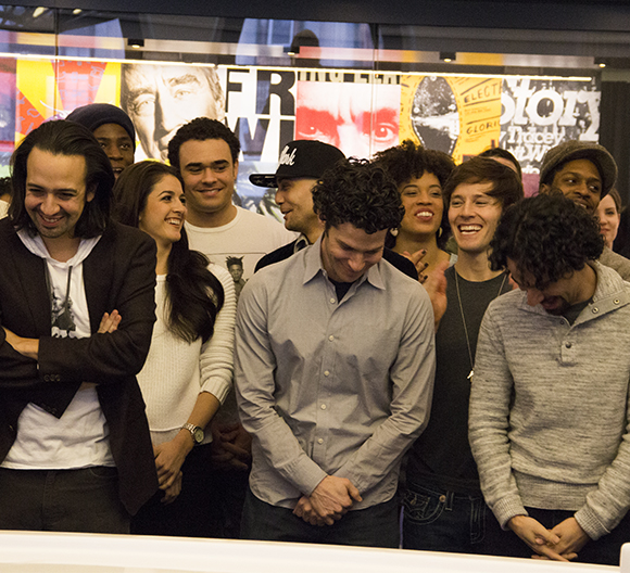 Lin-Manuel Miranda, Thomas Kail, Alex Lacamoire, and the cast of Hamilton celebrate news of the show&#39;s impending Broadway transfer from its current home at the Public Theater.