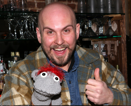 Hand to God playwright Robert Askins with his starring puppet Tyrone.