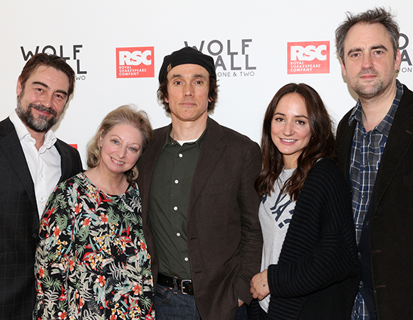 Wolf Hall stars Nathaniel Parker, Ben Miles, and Lydia Leonard pose with author Hilary Mantel (second from left) and director Jeremy Herrin (right).