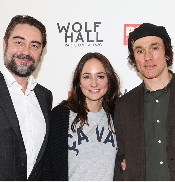 The stars of Wolf Hall: Parts One &amp; Two: Nathaniel Parker (King Henry VIII), Lydia Leonard (Anne Boleyn), and Ben Miles (Thomas Cromwell).