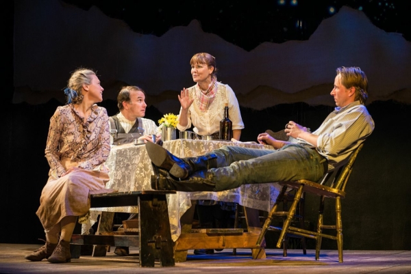 Tracy Middendorf as Bess, Ted Koch as Will, Kelly McAndrew as Macon, and Todd Lawson as Jack in Jenn Thompson&#39;s production of Beth Henley&#39;s Abundance at the Beckett Theatre.