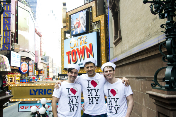 On the Town stars Clyde Alves, Tony Yazbeck, and Jay Armstrong Johnson pose in front of the Lyric Theatre&#39;s marquee on 42nd Street.