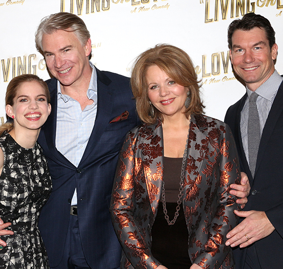 Living on Love stars Anna Chlumsky, Douglas Sills, Renée Fleming, and Jerry O&#39;Connell get cozy for a photo.