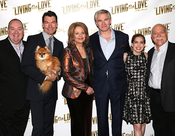 The Living on Love family: Blake Hammond, Jerry O&#39;Connell (with Trixie), Renée Fleming, Douglas Sills, Anna Chlumsky, and Scott Robertson.