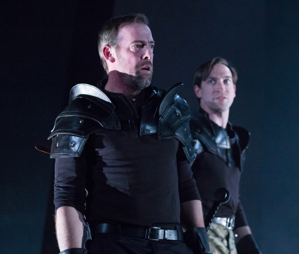 Ian Merrill Peakes as Macbeth and Ben Dibble as Banquo in Arden Theatre Company&#39;s production of Macbeth.
