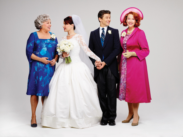 Tyne Daly, Sierra Boggess, David Burtka, and Harriet Harris star in Barbara Anselmi and Brian Hargrove&#39;s It Shoulda Been You, directed by David Hyde Pierce, at the Brooks Atkinson Theatre.