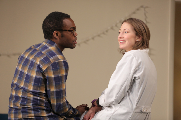 William Jackson Harper and Carrie Coon in Melissa James Gibson&#39;s Placebo, directed by Daniel Aukin, at Playwrights Horizons.