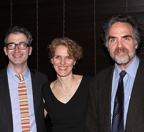 Placebo director Daniel Aukin (left) and Playwrights Horizons Artistic Director Tim Sanford (right) flank their playwright, Melissa James Gibson.