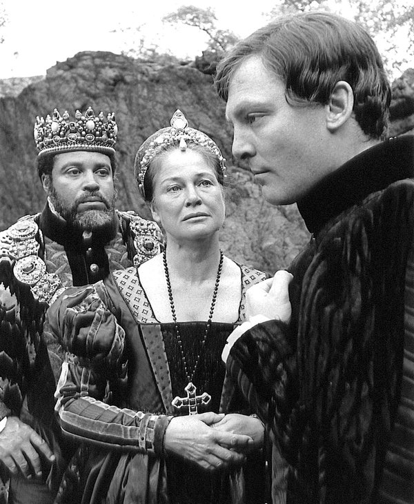 James Earl Jones as Claudius, Colleen Dewhurst as Gertrude, and Stacy Keach as Hamlet in a 1972 production at the Delacorte Theater.