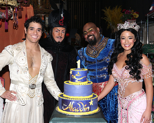 Aladdin stars Adam Jacobs, Jonathan Freeman, James Monroe Igelhart, and Courtney Reed celebrate the show&#39;s first-anniversary.