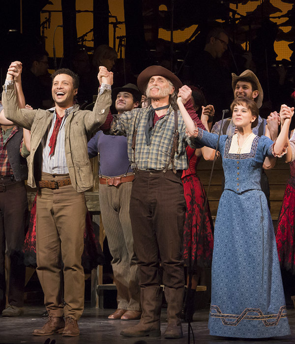 Justin Guarini, Keith Carradine, and Alexandra Socha take their bows on the opening night of Paint Your Wagon.