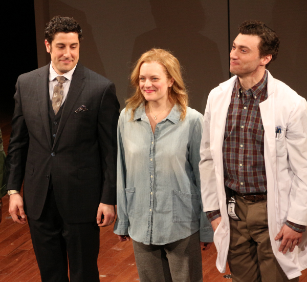 Jason Biggs, Elisabeth Moss, and Bryce Pinkham take their bows on the opening night of The Heidi Chronicles at the Music Box Theatre.