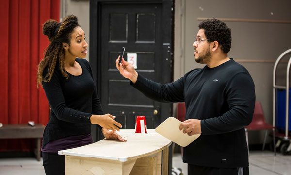 Tawny Newsome and José Antonio García play Ella and BB respectively in Goodman Theatre&#39;s presentation of The Upstairs Concierge.