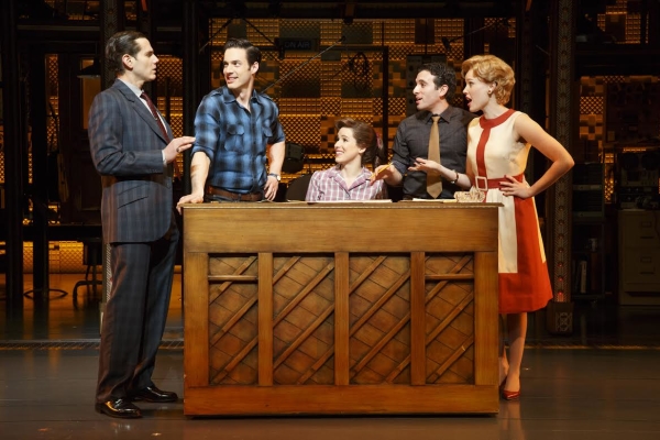 Paul Anthony Stewart, Scott J. Campbell, Chilina Kennedy, Jarrod Spector, and Jessica Keenan Wynn in a scene from Broadway&#39;s Beautiful — The Carole King Musical.