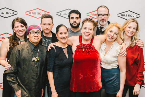 The Small Mouth Sounds family: Rachel Chavkin (director), Jojo Gonzalez (Teacher), Brad Heberlee (Ned), Sakina Jaffrey (Judy), Babak Tafti (Rodney), Marcia DeBonis (Joan), Erik Lochtefeld (Jan), Jessica Almasy (Alicia), and Bess Wohl (playwright).