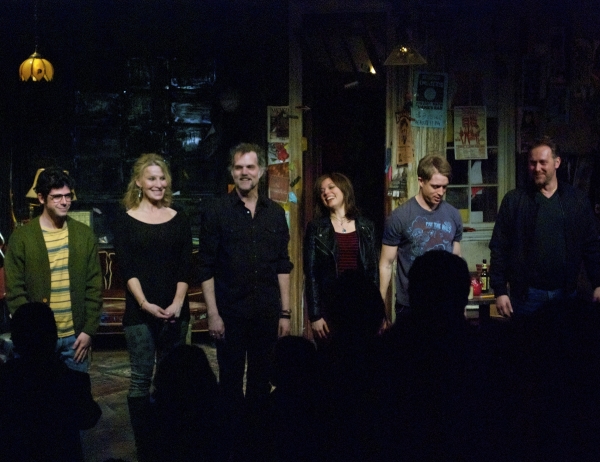 Brian Miskell, Lusia Strus, Jeb Brown, Margo Seibert, Daniel Abeles, and Chris Kipiniak take their bow on the opening night of The Undeniable Sound of Right Now.