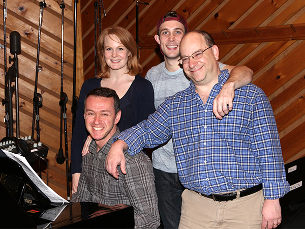 A John &amp; Jen family photo: cast members Kate Baldwin and Conor Ryan with creators Andrew Lippa (seated) and Tom Greenwald.