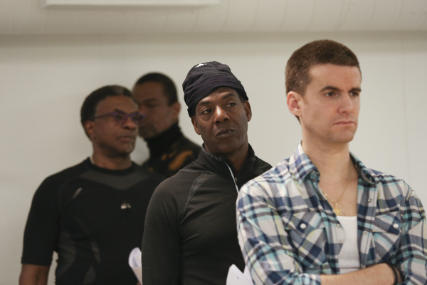 Keith David, Jonathan Earl Peck, John Earl Jelks, and Armando Riesco in rehearsal for ToasT, written by Lemon Andersen and directed by Elise Thoron.