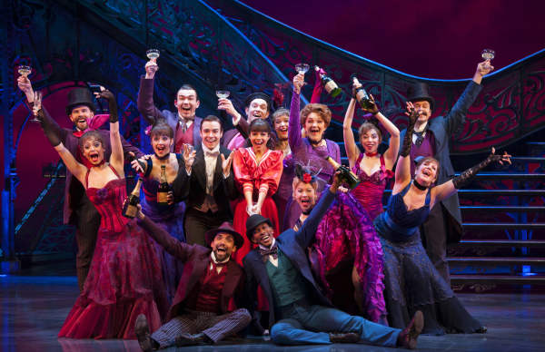 In center (l-r) Corey Cott as Gaston Lachaille, Vanessa Hudgens as Gigi, Victoria Clark as Mamita in the new Broadway production of Gigi, directed by Eric Schaeffer, at the Neil Simon Theatre.