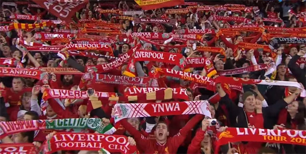 Thousands of Liverpool supporters participate in a sing-along of their favorite showtune: &quot;You&#39;ll Never Walk Alone&quot; from Rodgers and Hammerstein&#39;s Carousel.