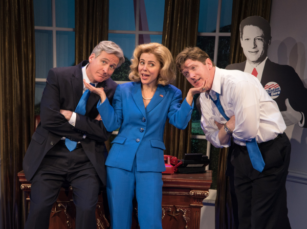 Tom Galantich, Kerry Butler, and Duke Lafoon star in Paul and Michael Hodge&#39;s Clinton The Musical, directed by Dan Knechtges, at New World Stages.