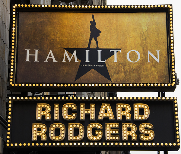 The new Hamilton signage at the Richard Rodgers Theatre.