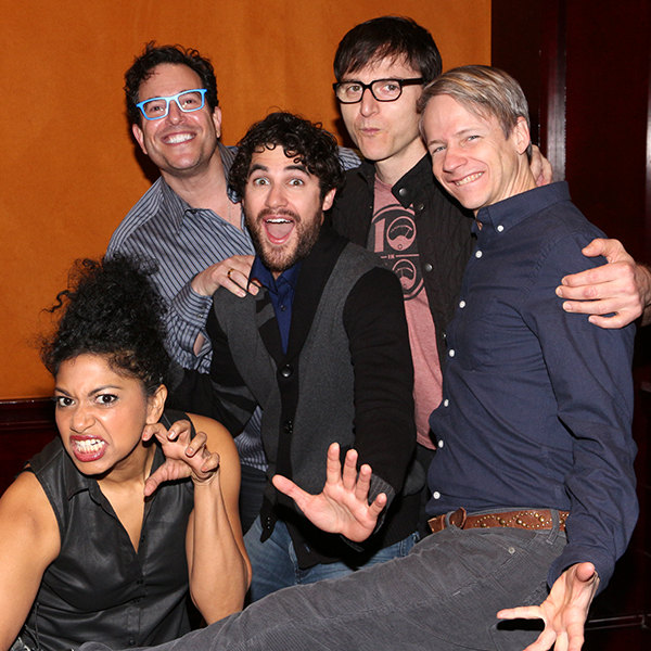 Rebecca Naomi Jones (left) with director Michael Mayer, actor Darren Criss, and Hedwig writers Stephen Trask and John Cameron Mitchell.