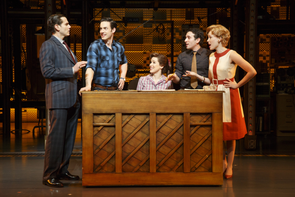 Paul Anthony Stewart, Scott J. Campbell, Chilina Kennedy, Jarrod Spector, and Jessica Keenan Wynn in Beautiful — The Carole King Musical, directed by Marc Bruni, at The Stephen Sondheim Theatre.