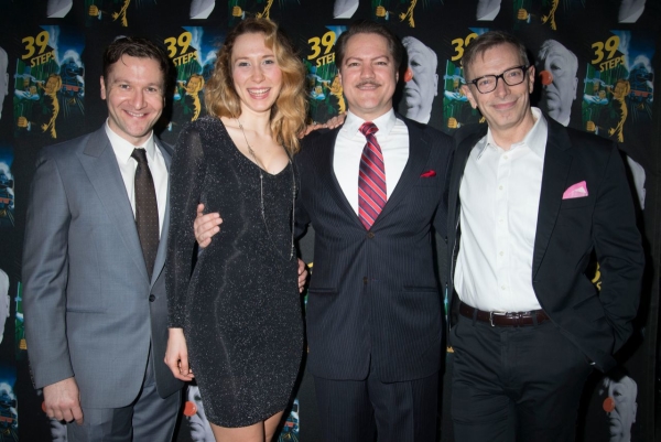 39 Steps stars Billy Carter, Brittany Vicars, Robert Petkoff, and Arnie Burton celebrate opening night.