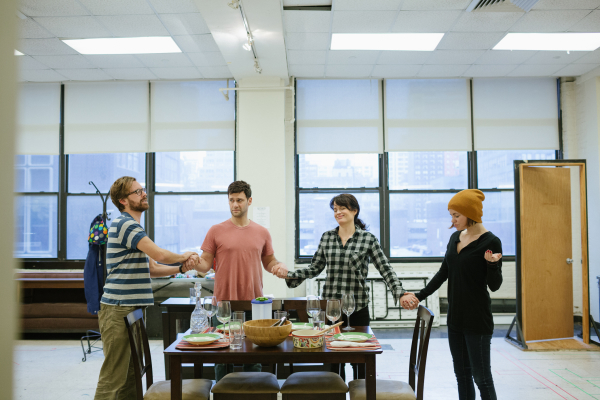Lucas Near-Verbrugghe, Justin Bartha, Elizabeth Reaser, Nicole Lowrance rehearse for MCC&#39;s upcoming world premiere of Permission by Robert Askins.