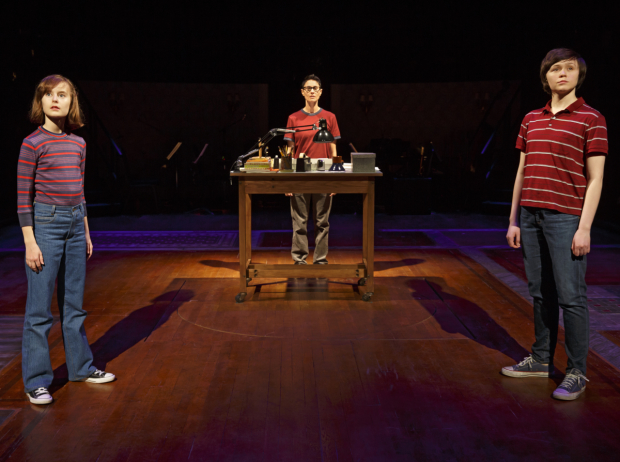 Sydney Lucas, Beth Malone, and Emily Skeggs play the cartoonist Alison Bechdel at different stages of her life in the new musical Fun Home, written by Jeanine Tesori and Lisa Kron and directed by Sam Gold, at the Circle in the Square Theatre.