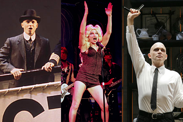 Michael Cerveris in three of his past roles: Thomas Andrews in Titanic, Hedwig in Hedwig and the Angry Inch, and Sweeney in Sweeney Todd.