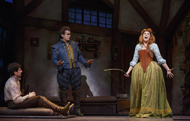 John Cariani, Brian d&#39;Arcy James and Heidi Blickenstaff in Something Rotten! at the St. James Theatre.