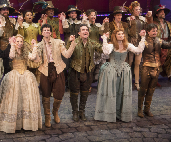 Kate Reinders, John Cariani, Brian d&#39;Arcy James, Heidi Blickenstaff, and Christian Borle take their bows on the opening night of Something Rotten! at the St. James Theatre.