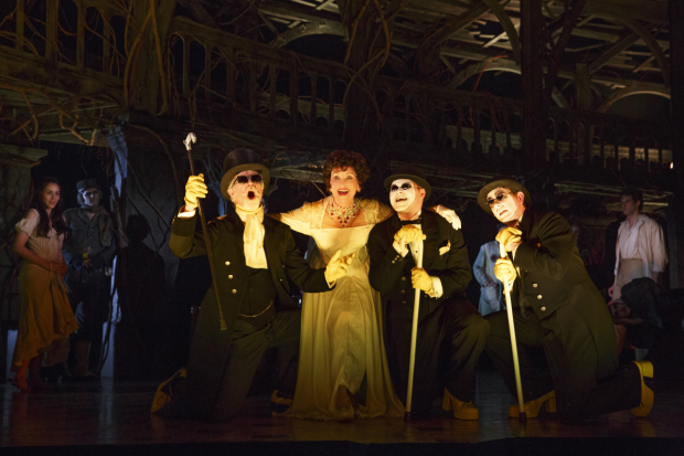 Tom Nelis, Chris Newcomer, and Matthew Deming, and Chita Rivera in The Visit.