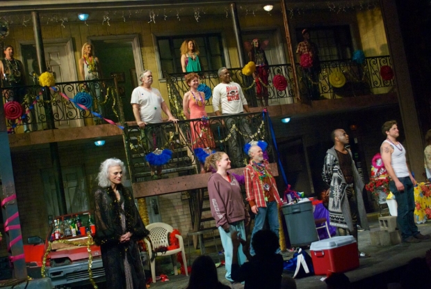 The cast of Airline Highway takes an opening-night bow at the Samuel J. Friedman Theatre.