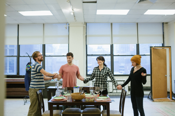 Lucas Near-Verbrugghe, Justin Bartha, Elizabeth Reaser, and Nicole Lowrance rehearse for MCC&#39;s upcoming world premiere of Permission by Robert Askins.