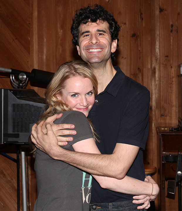 Kate Reinders (Portia) gives a big hung to her onstage leading man, John Cariani (Nigel Bottom).