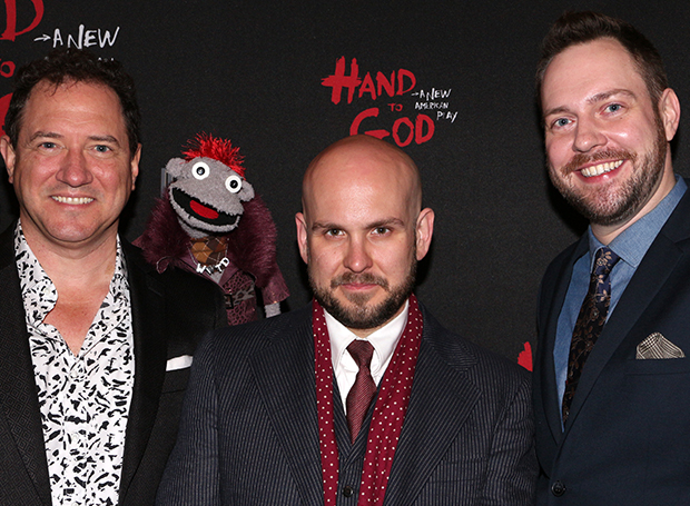 Dual-Tony nominee Kevin McCollum (Hand to God/Something Rotten!) with Tony-nominated Hand to God playwright Robert Askins (center) and director Moritz von Stuelpnagel (far right). Hand to God puppet star Tyrone McHansely sneaks in a smile.